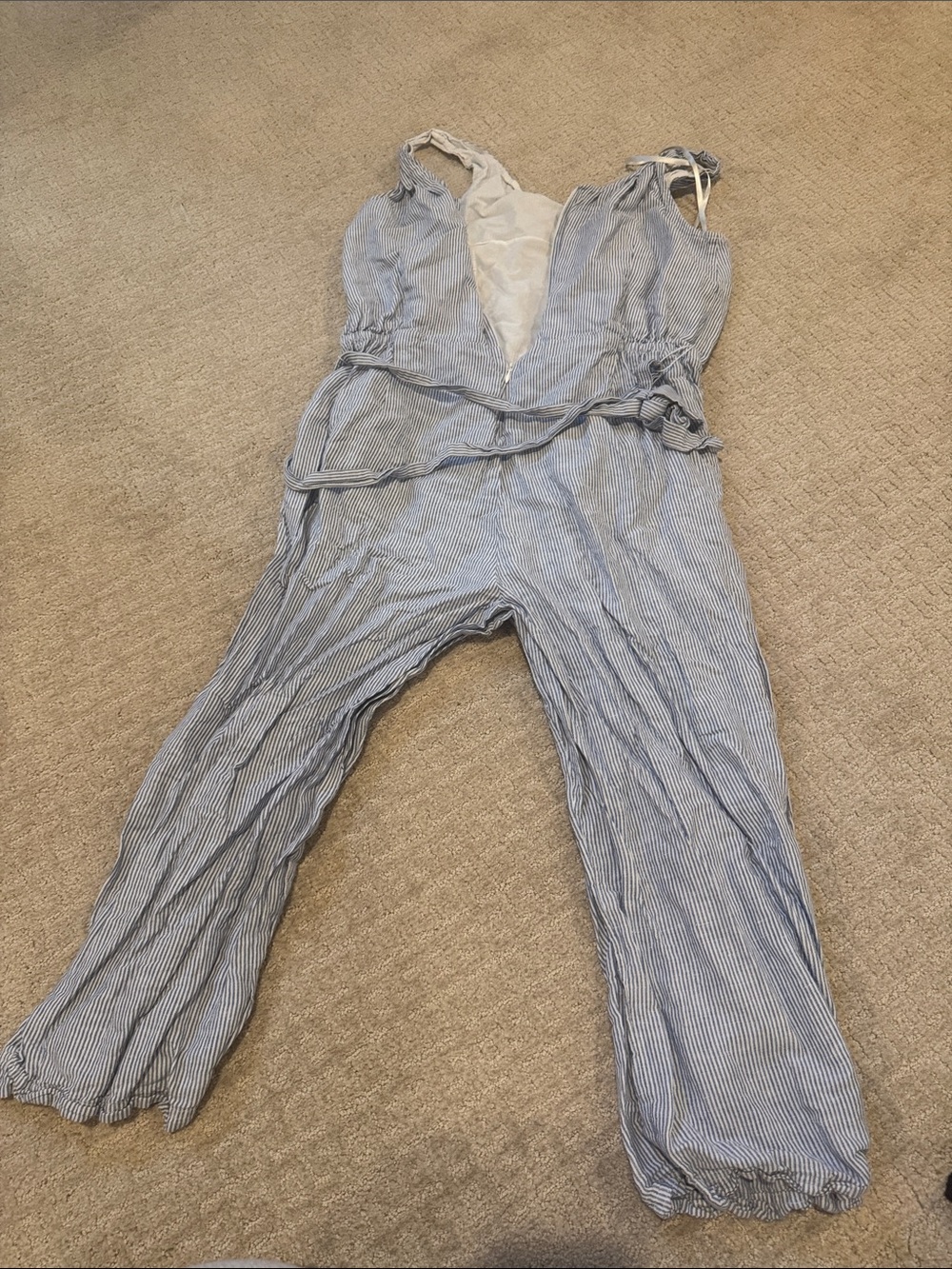 Talbots Light Blue and White Striped Tie-Waist Jumpsuit